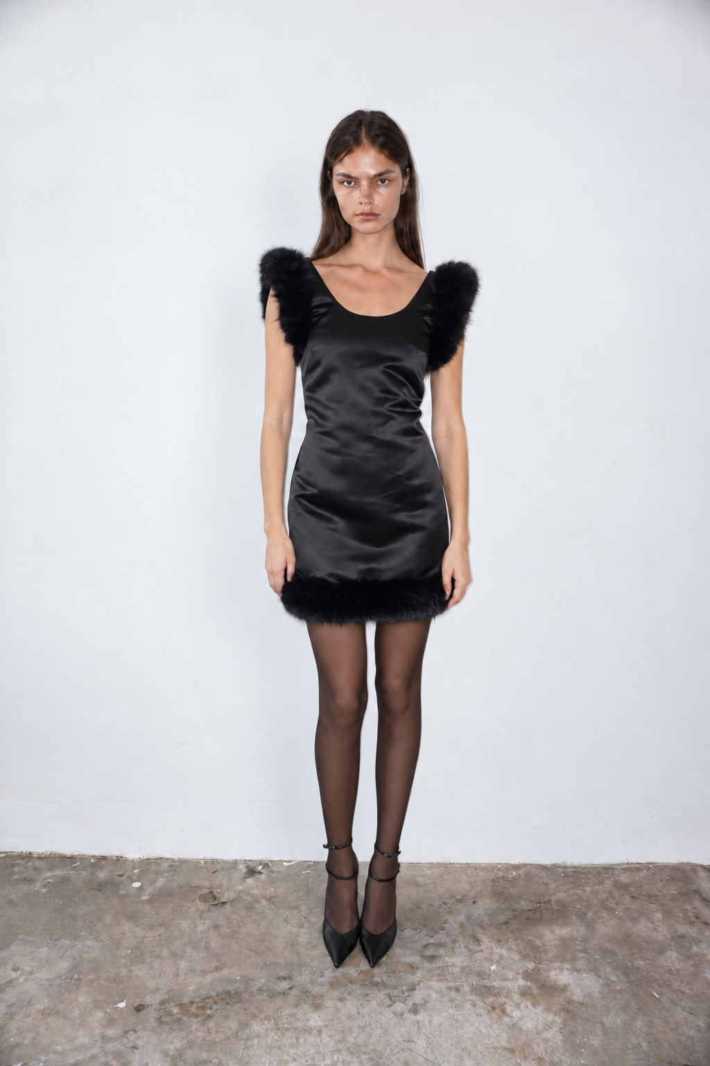 Black Satin & Fur Dress · Daisy Midi by Junie ·