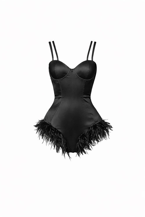 Black Satin & Feather Bodysuit · Ami by Junie · Made in London