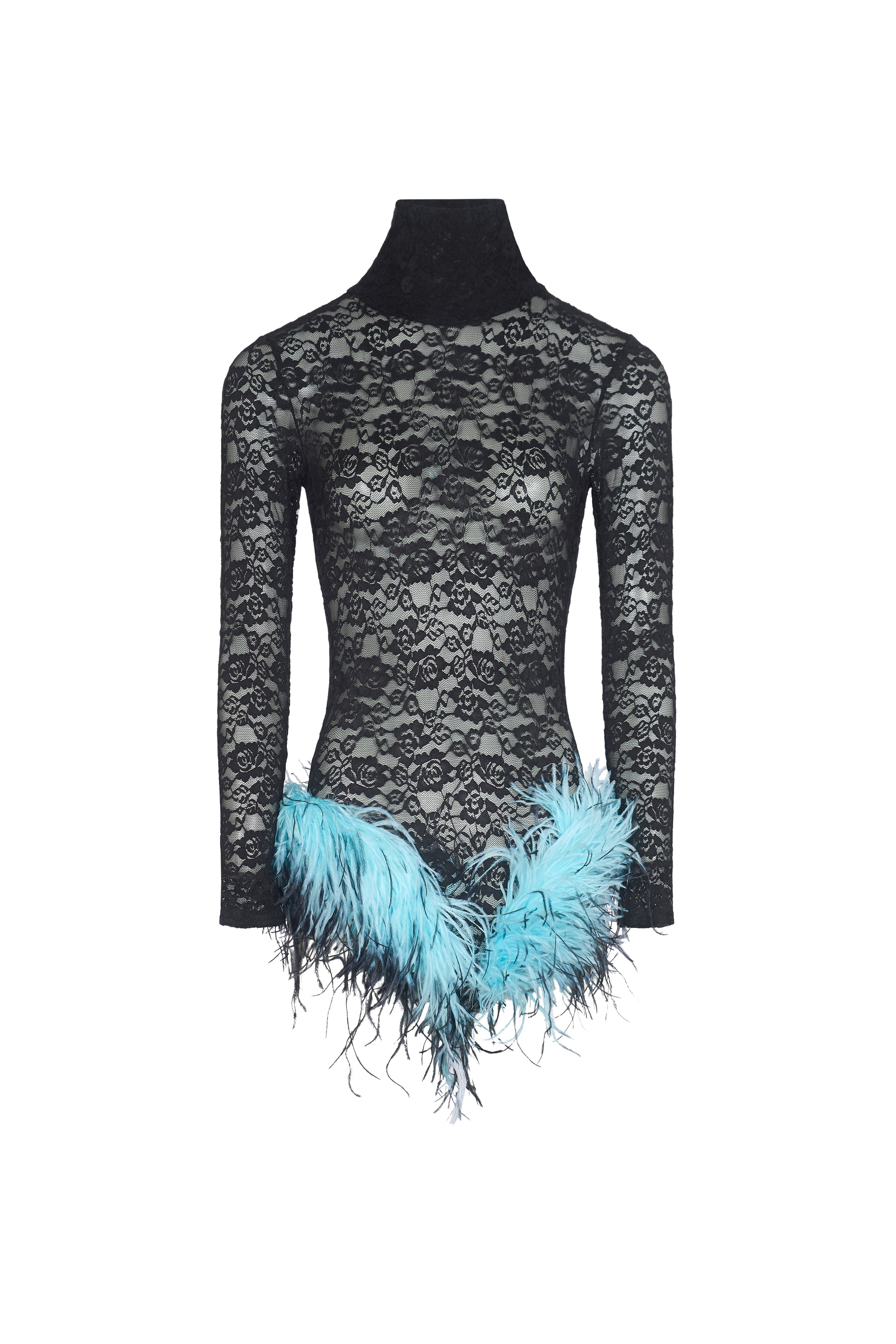 Gia Body & Tights - Black Lace, Black / Blue Feathers