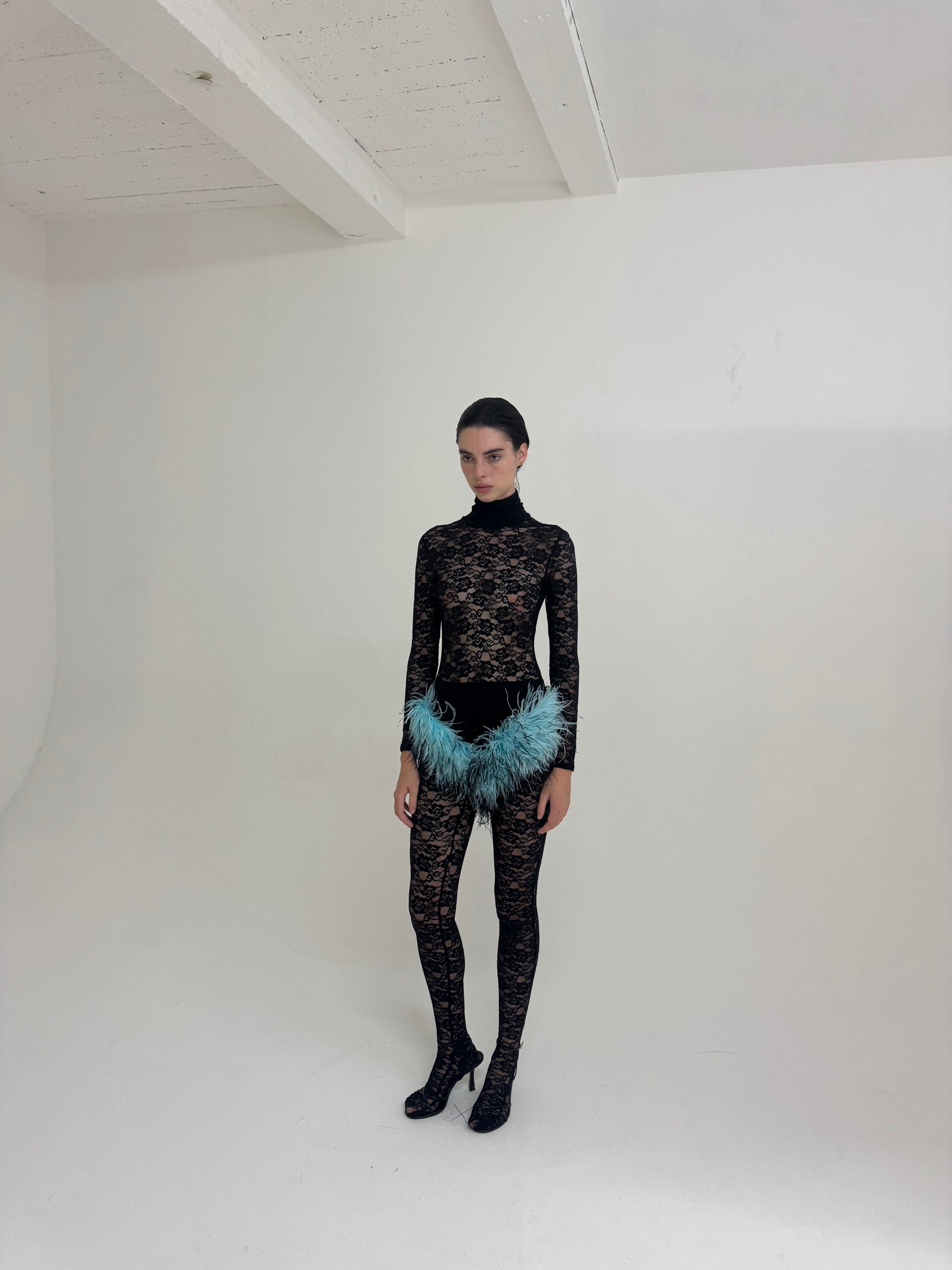 Gia Body & Tights - Black Lace / Blue Feathers