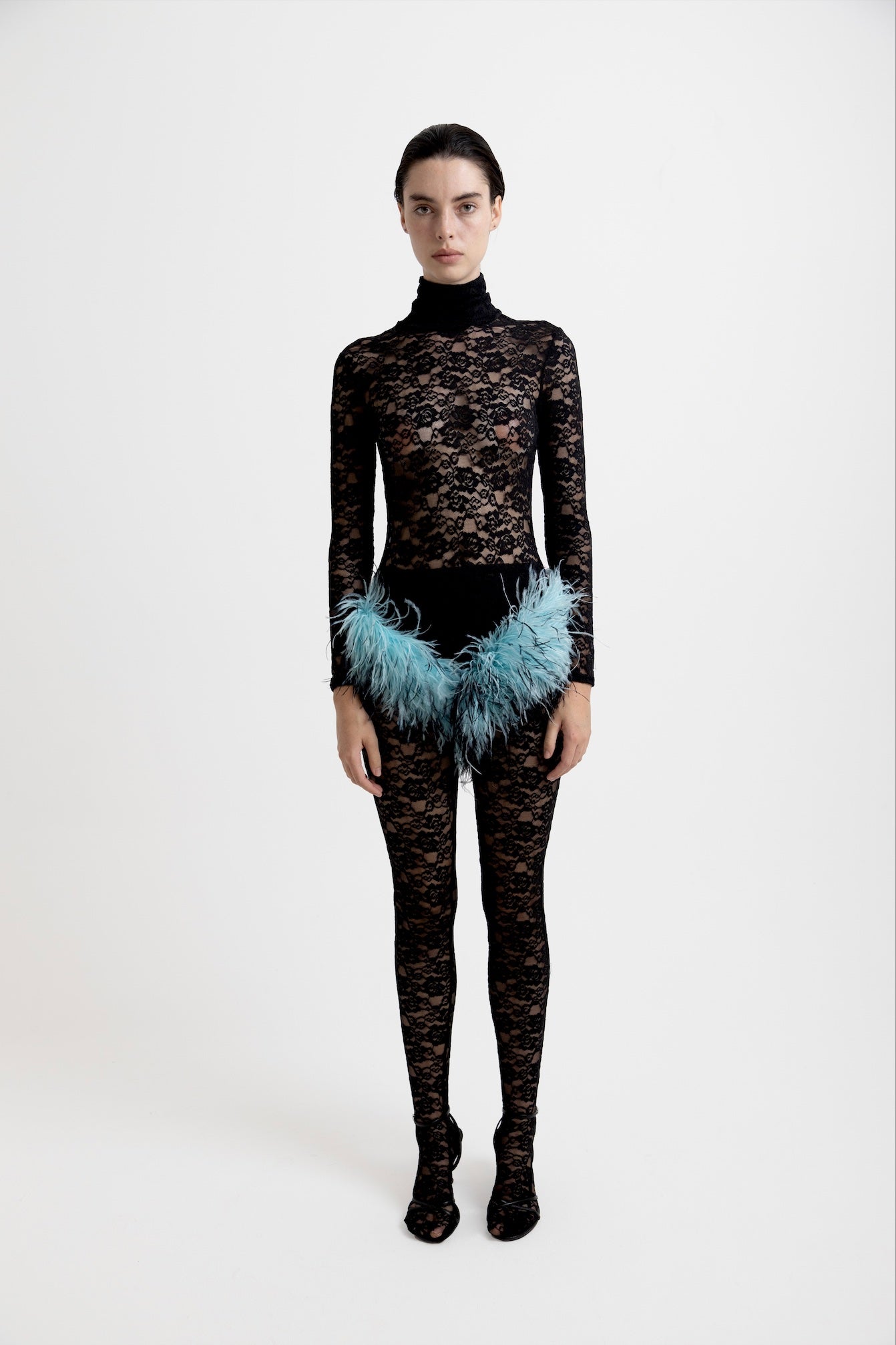 Gia Body & Tights - Black Lace / Blue Feathers